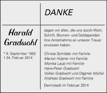 Traueranzeige von Harald Gradwohl von Echo-Zeitungen (Gesamtausgabe)