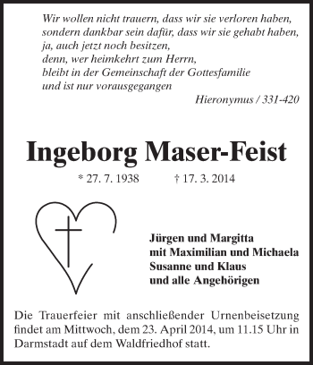 Traueranzeige von Ingeborg Maser-Feist von Echo-Zeitungen (Gesamtausgabe)