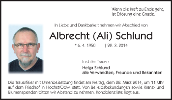 Traueranzeige von Albrecht Schlund von Odenwälder Echo
