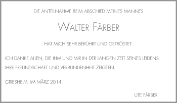 Traueranzeige von Walter Färber von Echo-Zeitungen (Gesamtausgabe)