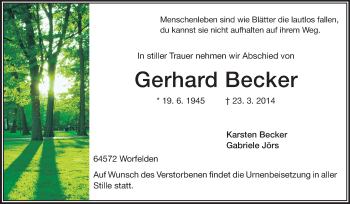 Traueranzeige von Gerhard Becker von Rüsselsheimer Echo, Groß-Gerauer-Echo, Ried Echo