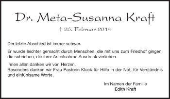 Traueranzeige von Meta-Susanna Kraft von Echo-Zeitungen (Gesamtausgabe)