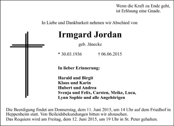 Traueranzeige von Irmgard Jordan von Starkenburger Echo