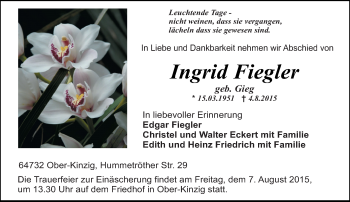 Traueranzeige von Ingrid Fiegler von trauer.echo-online.de