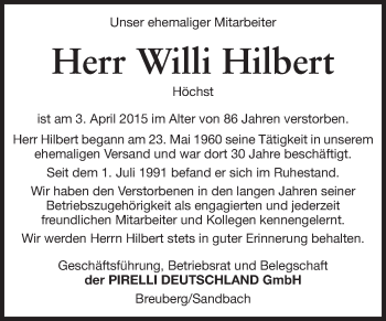Traueranzeige von Willi Hilbert von Odenwälder Echo