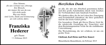 Traueranzeige von Franziska Hederer von Rüsselsheimer Echo, Groß-Gerauer-Echo, Ried Echo