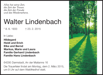 Traueranzeige von Walter Lindenbach von Echo-Zeitungen (Gesamtausgabe)