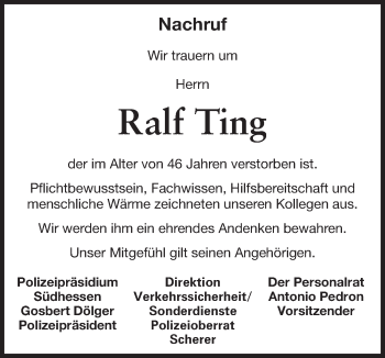Traueranzeige von Ralf Ting von Echo-Zeitungen (Gesamtausgabe)