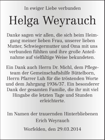 Traueranzeige von Helga Weyrauch von Rüsselsheimer Echo, Groß-Gerauer-Echo, Ried Echo