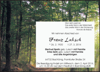 Traueranzeige von Franz Luksch von Odenwälder Echo