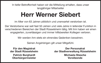 Traueranzeige von Werner Siebert von Rüsselsheimer Echo, Groß-Gerauer-Echo, Ried Echo