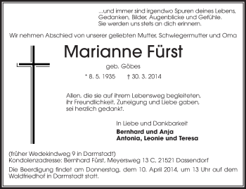 Traueranzeige von Marianne Fürst von Echo-Zeitungen (Gesamtausgabe)