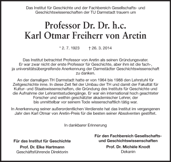 Traueranzeige von Karl Otmar Freiherr von Aretin von Echo-Zeitungen (Gesamtausgabe)