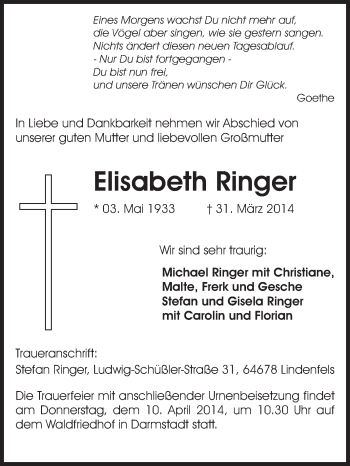 Traueranzeige von Elisabeth Ringer von Echo-Zeitungen (Gesamtausgabe)