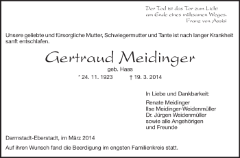 Traueranzeige von Gertraud Meidinger von Echo-Zeitungen (Gesamtausgabe)