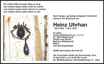 Traueranzeige von Heinz Uhrhan von Echo-Zeitungen (Gesamtausgabe)