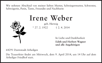 Traueranzeige von Irene Weber von Echo-Zeitungen (Gesamtausgabe)
