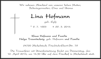 Traueranzeige von Lina Hofmann von Odenwälder Echo