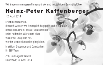 Traueranzeige von Heinz-Peter Kaffenberger von Echo-Zeitungen (Gesamtausgabe)