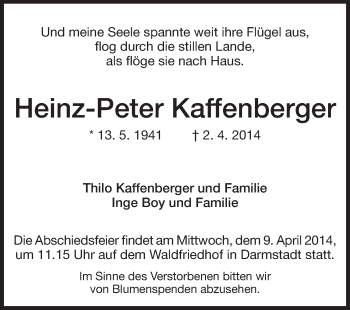 Traueranzeige von Heinz-Peter Kaffenberger von Darmstädter Echo, Odenwälder Echo, Rüsselsheimer Echo, Groß-Gerauer-Echo, Ried Echo