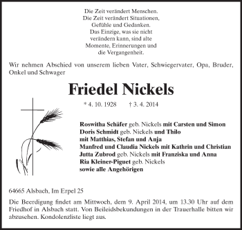Traueranzeige von Friedel Nickels von Echo-Zeitungen (Gesamtausgabe)