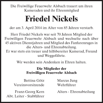 Traueranzeige von Friedel Nickels von Echo-Zeitungen (Gesamtausgabe)