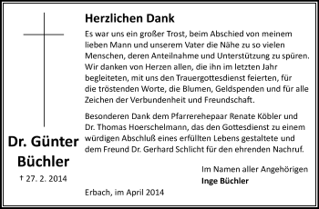 Traueranzeige von Günter Büchler von Odenwälder Echo