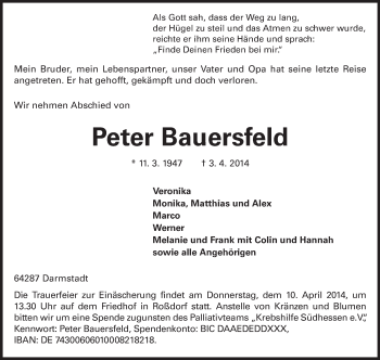 Traueranzeige von Peter Bauersfeld von Echo-Zeitungen (Gesamtausgabe)