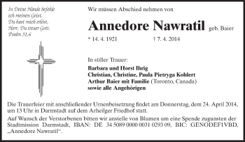 Traueranzeige von Annedore Nawratil von Echo-Zeitungen (Gesamtausgabe)