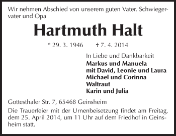 Traueranzeige von Hartmuth Halt von Rüsselsheimer Echo, Groß-Gerauer-Echo, Ried Echo