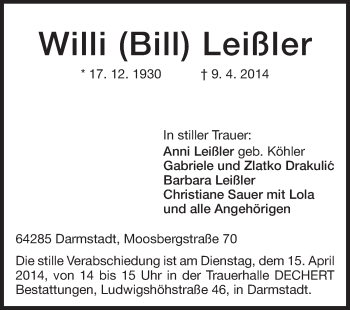 Traueranzeige von Willi Leißler von Darmstädter Echo, Odenwälder Echo, Rüsselsheimer Echo, Groß-Gerauer-Echo, Ried Echo
