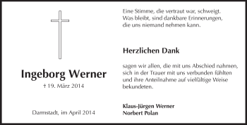 Traueranzeige von Ingeborg Werner von Echo-Zeitungen (Gesamtausgabe)