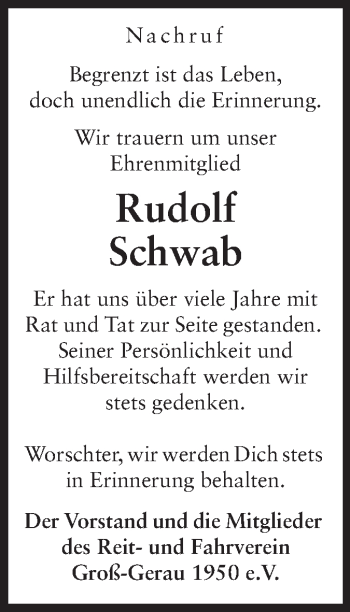 Traueranzeige von Rudolf Schwab von Rüsselsheimer Echo, Groß-Gerauer-Echo, Ried Echo