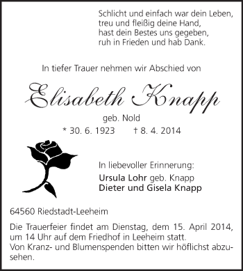 Traueranzeige von Elisabeth Knapp von Rüsselsheimer Echo, Groß-Gerauer-Echo, Ried Echo