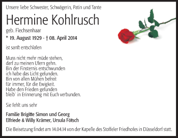Traueranzeige von Hermine Kohlrusch von Odenwälder Echo