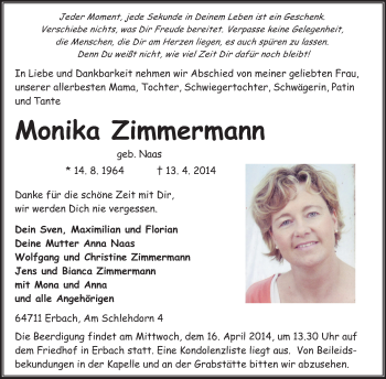 Traueranzeige von Monika Zimmermann von Odenwälder Echo