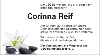 Traueranzeige von Corinna Reif von Echo-Zeitungen (Gesamtausgabe)