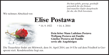 Traueranzeige von Elise Postawa von Odenwälder Echo
