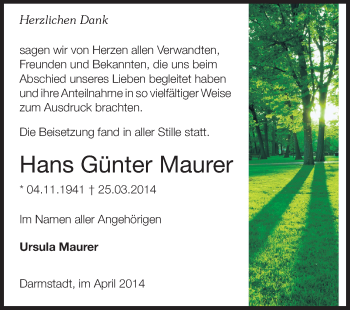 Traueranzeige von Hans Günter Maurer von Echo-Zeitungen (Gesamtausgabe)