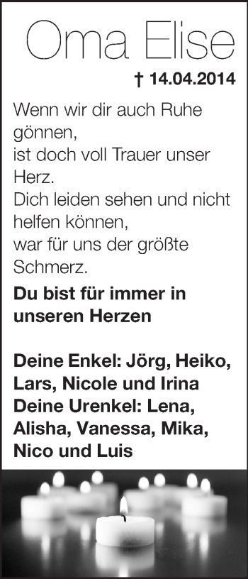Traueranzeige von Oma Elise  von Odenwälder Echo