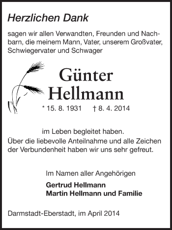 Traueranzeige von Günter Hellmann von Echo-Zeitungen (Gesamtausgabe)