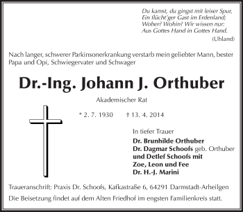 Traueranzeige von Johann J. Orthuber von Echo-Zeitungen (Gesamtausgabe)