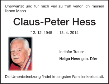 Traueranzeige von Claus-Peter Hess von Echo-Zeitungen (Gesamtausgabe)