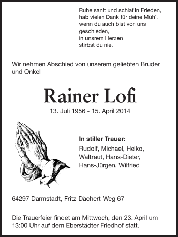 Traueranzeige von Rainer Lofi von Echo-Zeitungen (Gesamtausgabe)