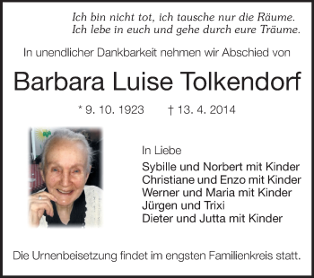 Traueranzeige von Barbara Luise Tolkendorf von Echo-Zeitungen (Gesamtausgabe)