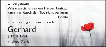 Traueranzeige von Gerhard  von Darmstädter Echo, Odenwälder Echo, Rüsselsheimer Echo, Groß-Gerauer-Echo, Ried Echo