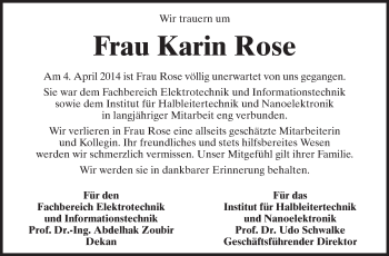 Traueranzeige von Karin Rose von Echo-Zeitungen (Gesamtausgabe)