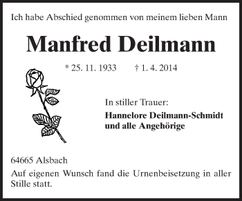 Traueranzeige von Manfred Deilmann von Echo-Zeitungen (Gesamtausgabe)