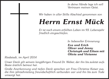 Traueranzeige von Ernst Mück von Rüsselsheimer Echo, Groß-Gerauer-Echo, Ried Echo