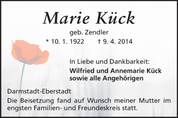 Traueranzeige von Marie Kück von Echo-Zeitungen (Gesamtausgabe)